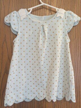 Tahari Polka Dot Scalloped Hem w/ Bows Sea Foam and Gold Short Sleeve Dress-3T